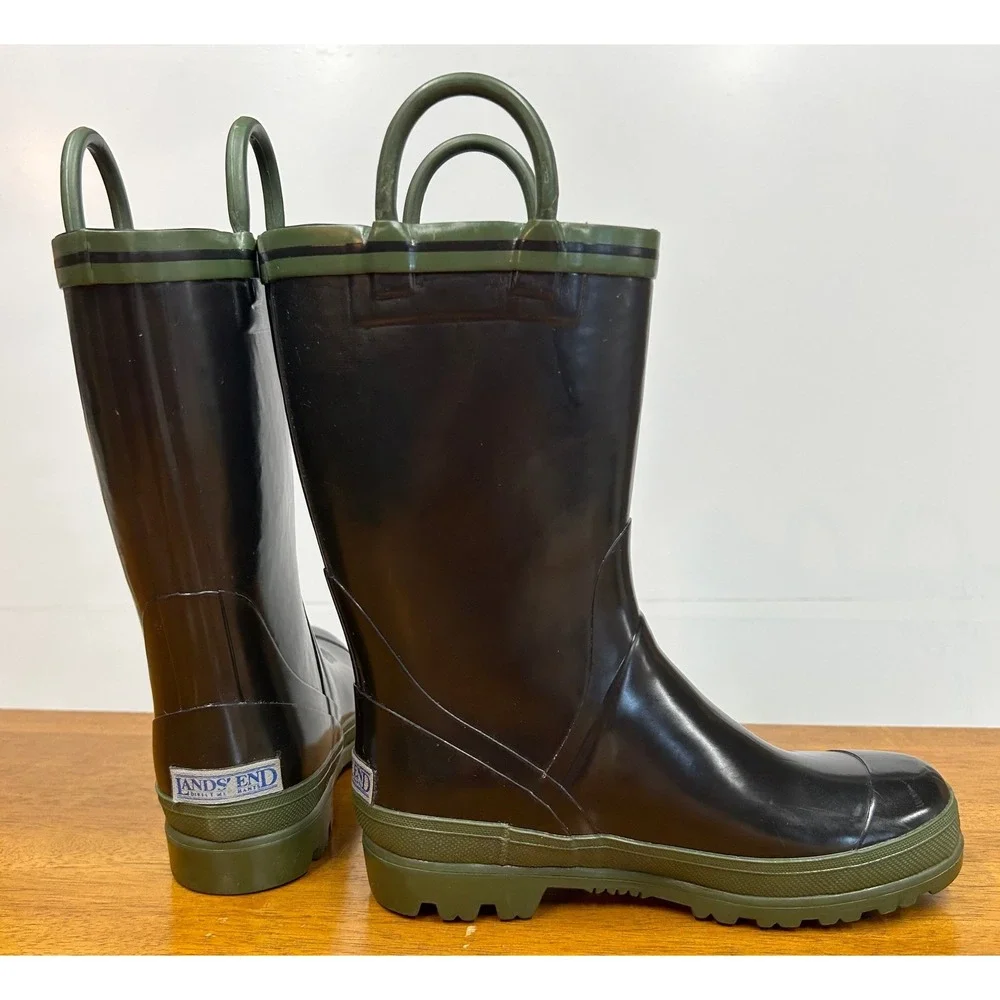 Lands End Kids Rain Boot Black Olive Green Waterproof Pull On Size 4 Steel Shank